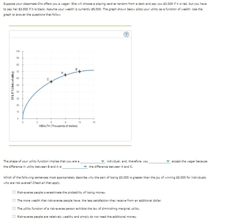 Suppose your classmate Cho offers you a wager: She will choose a playing card at random from a deck and pay you $3,000 if it is red, but you have
to pay her $3,000 if it is black. Assume your wealth is currently $9,000. The graph shown below plots your utility as a function of wealth. Use the
graph to answer the questions that follow.
UTILITY (Units of utility)
100
90
80
60
50
40
30
20
10
0
0
3
CX
T²
B
9
WEALTH (Thousands of dollars)
12
The shape of your utility function implies that you are a
the difference in utility between B and A is
15
(2.)
?
individual, and, therefore, you
the difference between A and C.
accept the wager because
Which of the following sentences most appropriately describe why the pain of losing $3,000 is greater than the joy of winning $3,000 for individuals
who are risk averse? Check all that apply.
Risk-averse people overestimate the probability of losing money.
The more wealth that risk-averse people have, the less satisfaction they receive from an additional dollar.
The utility function of a risk-averse person exhibits the law of diminishing marginal utility.
Risk-averse people are relatively wealthy and simply do not need the additional money.