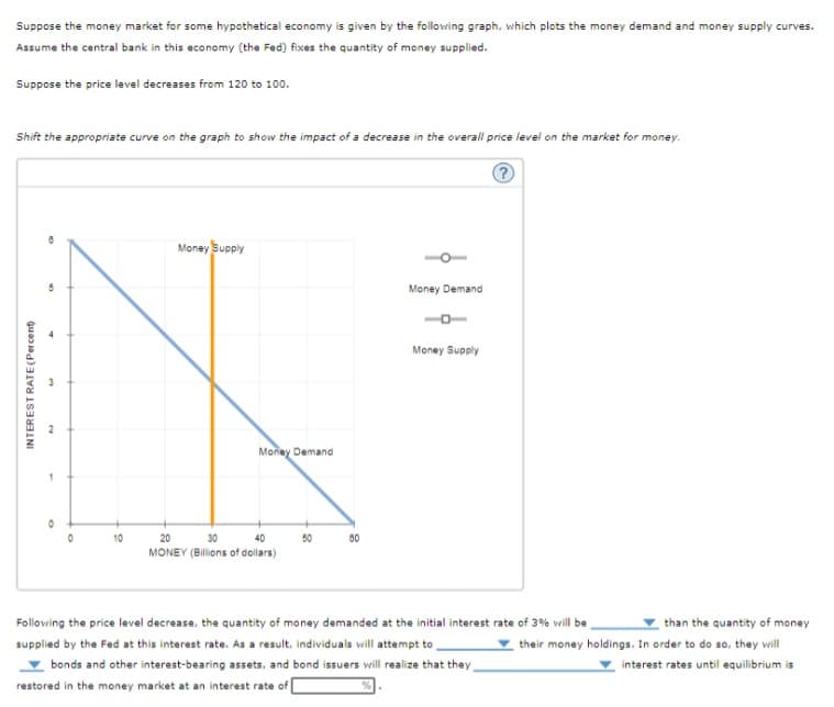 Suppose the money market for some hypothetical economy is given by the following graph, which plots the money demand and money supply curves.
Assume the central bank in this economy (the Fed) fixes the quantity of money supplied.
Suppose the price level decreases from 120 to 100.
Shift the appropriate curve on the graph to show the impact of a decrease in the overall price level on the market for money.
INTEREST RATE (Percent)
10
Money Supply
Money Demand
20
30
40
MONEY (Billions of dollars)
50
80
Money Demand
Money Supply
(C)
Following the price level decrease, the quantity of money demanded at the initial interest rate of 3% will be
supplied by the Fed at this interest rate. As a result, individuals will attempt to
bonds and other interest-bearing assets, and bond issuers will realize that they
restored in the money market at an interest rate of [
than the quantity of money
their money holdings. In order to do so, they will
interest rates until equilibrium is