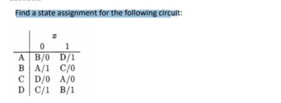 Find a state assignment for the following circuit:
1
A B/0 D/1
B A/1 C/0
C D/0 A/0
D| C/1 B/1
