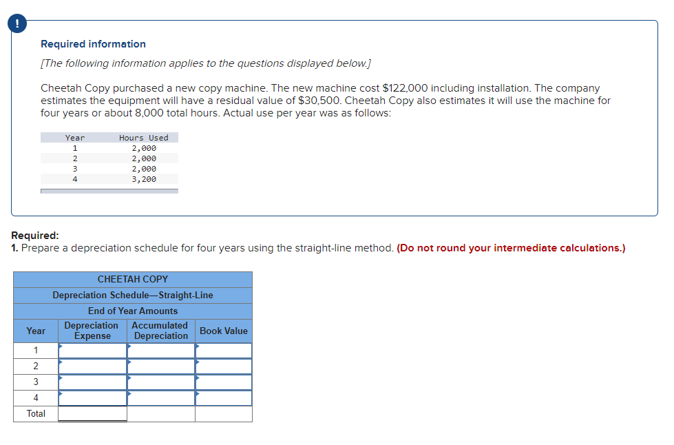 Required information
[The following information applies to the questions displayed below.]
Cheetah Copy purchased a new copy machine. The new machine cost $122,000 including installation. The company
estimates the equipment will have a residual value of $30,500. Cheetah Copy also estimates it will use the machine for
four years or about 8,000 total hours. Actual use per year was as follows:
Year
Hours Used
2,000
2,000
2,000
3, 200
3
4
Required:
1. Prepare a depreciation schedule for four years using the straight-line method. (Do not round your intermediate calculations.)
CHEETAH COPY
Depreciation Schedule-Straight-Line
End of Year Amounts
Depreciation
Expense
Accumulated
Depreciation
Year
Book Value
1
2
3
4
Total
