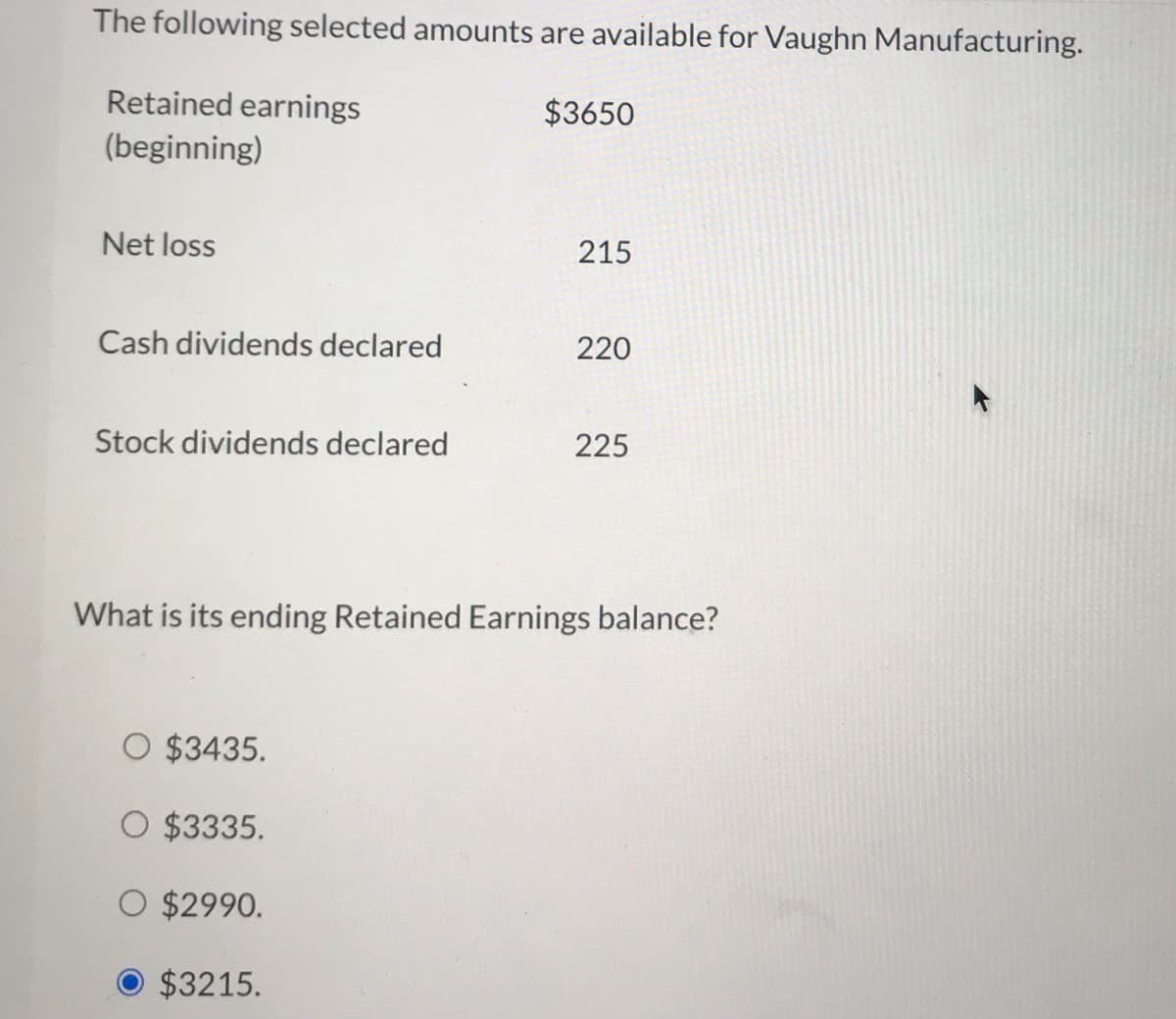 The following selected amounts are available for Vaughn Manufacturing.
Retained earnings
$3650
(beginning)
Net loss
215
Cash dividends declared
220
Stock dividends declared
225
What is its ending Retained Earnings balance?
O $3435.
O $3335.
O $2990.
$3215.
