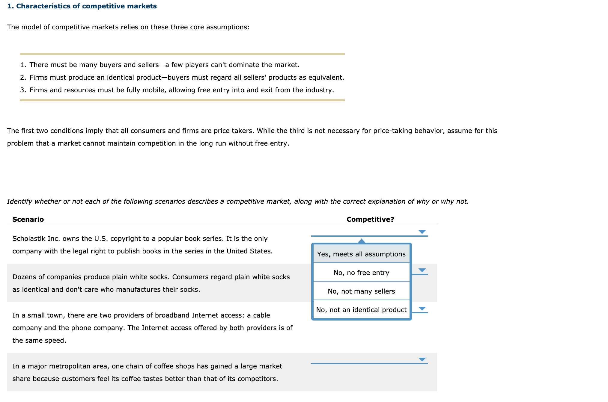 The model of competitive markets relies on these three core assumptions:
1. There must be many buyers and sellers-a few players can't dominate the market.
2. Firms must produce an identical product-buyers must regard all sellers' products as equivalent.
3. Firms and resources must be fully mobile, allowing free entry into and exit from the industry.
