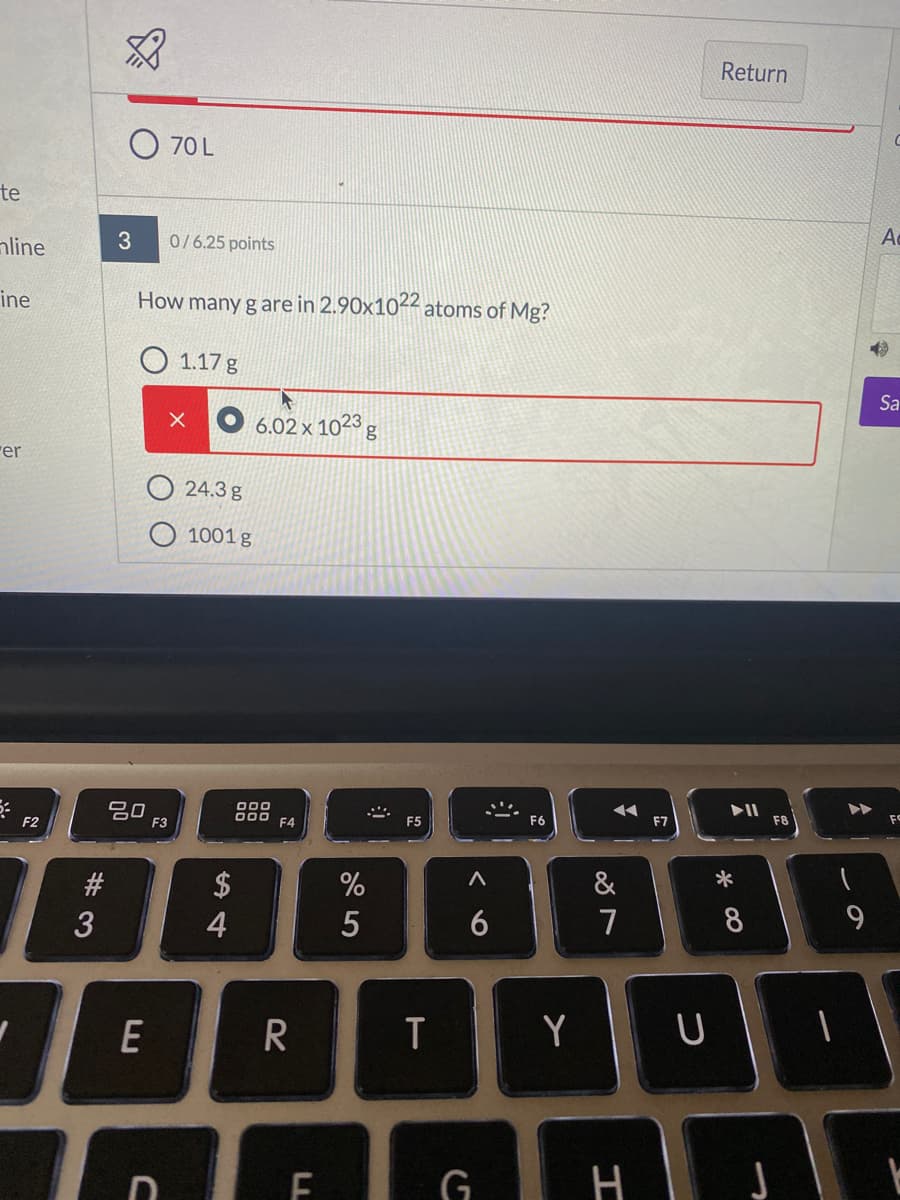 Return
O 70L
te
nline
0/6.25 points
ine
How many g are in 2.90x1022 atoms of Mg?
O 1.17 g
Sa
6.02 x 1023 g
rer
24.3 g
1001 g
吕0
000
O00
F6
F7
F8
FO
F2
F4
F5
F3
$
%
&
4
7
E
R
T
Y
H
会
LL
#3
