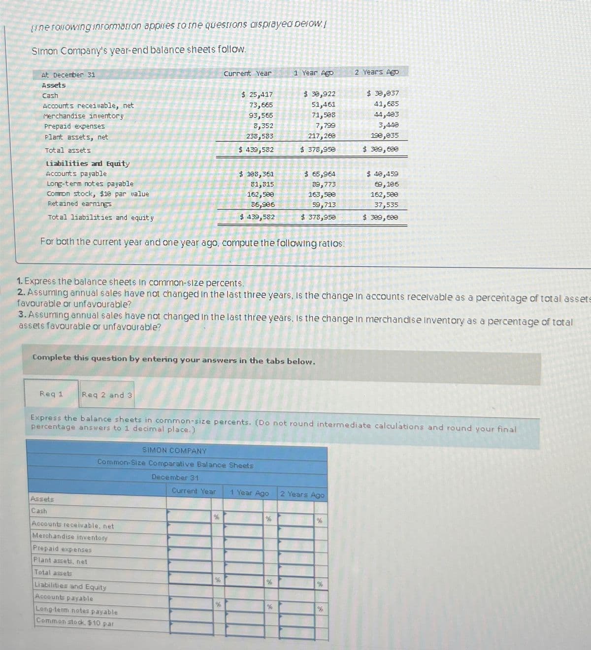 [ine rollowing information applies to the questions displayed below.!
Simon Company's year-end balance sheets follow.
At December 31
Assets
Cash
Accounts receivable, net
Merchandise inventory
Prepaid expenses
Plant assets, net
Total assets
Liabilities and Equity
Accounts payable
Long-term notes payable
Common stock, $19 par value
Retained earnings
Total liabilities and equit y
Req 1 Req 2 and 3
For both the current year and one year ago, compute the following ratios:
Assets
Cash
Accounts receivable, net
Merchandise inventory
Prepaid expenses
Plant assets, net
Total assets
Current Year
Complete this question by entering your answers in the tabs below.
SIMON COMPANY
Liabilities and Equity
Accounts payable
Long-term notes payable
Common stock, $10 par
$ 25,417
73,665
93,566
8,352
238,583
$ 439,582
1. Express the balance sheets in common-size percents.
2. Assuming annual sales have not changed in the last three years, is the change in accounts receivable as a percentage of total assets
favourable or unfavourable?
$ 108,361
81,815
162,500
86,906
$439,582
3. Assuming annual sales have not changed in the last three years, Is the change in merchandise Inventory as a percentage of total
assets favourable or unfavourable?
Common-Size Comparative Balance Sheets
December 31
Current Year
%
%
Express the balance sheets in common-size percents. (Do not round intermediate calculations and round your final
percentage answers to 1 decimal place.)
#5
1 Year Ago
$ 39,922
51,461
71,598
7,799
217,269
$ 378,959
$ 65,964
89,773
163,599
59,713
$ 378,950
%
95
1 Year Ago 2 Years Ago
2 Years Ago
%6
$ 39,037
41,685
44,493
3,449
190,935
$ 399,699
%
$ 49,459
69,196
162,599
37,535
$ 388,600
%