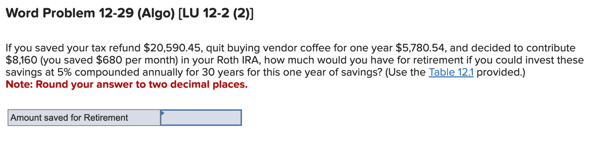 **Word Problem 12-29 (Algo) [LU 12-2 (2)]**

If you saved your tax refund $20,590.45, quit buying vendor coffee for one year $5,780.54, and decided to contribute $8,160 (you saved $680 per month) in your Roth IRA, how much would you have for retirement if you could invest these savings at 5% compounded annually for 30 years for this one year of savings? (Use the Table 12.1 provided.)

**Note:** Round your answer to two decimal places.

[Insert Table 12.1 Here]

**Amount saved for Retirement:** [Input Field]