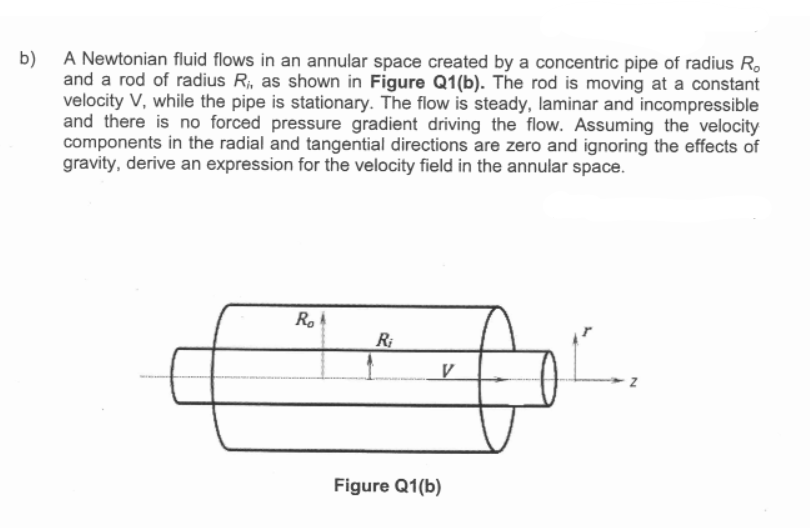 b)
A Newtonian fluid flows in an annular space created by a concentric pipe of radius R,
and a rod of radius R;, as shown in Figure Q1(b). The rod is moving at a constant
velocity V, while the pipe is stationary. The flow is steady, laminar and incompressible
and there is no forced pressure gradient driving the flow. Assuming the velocity
components in the radial and tangential directions are zero and ignoring the effects of
gravity, derive an expression for the velocity field in the annular space.
R.
R:
Figure Q1(b)
