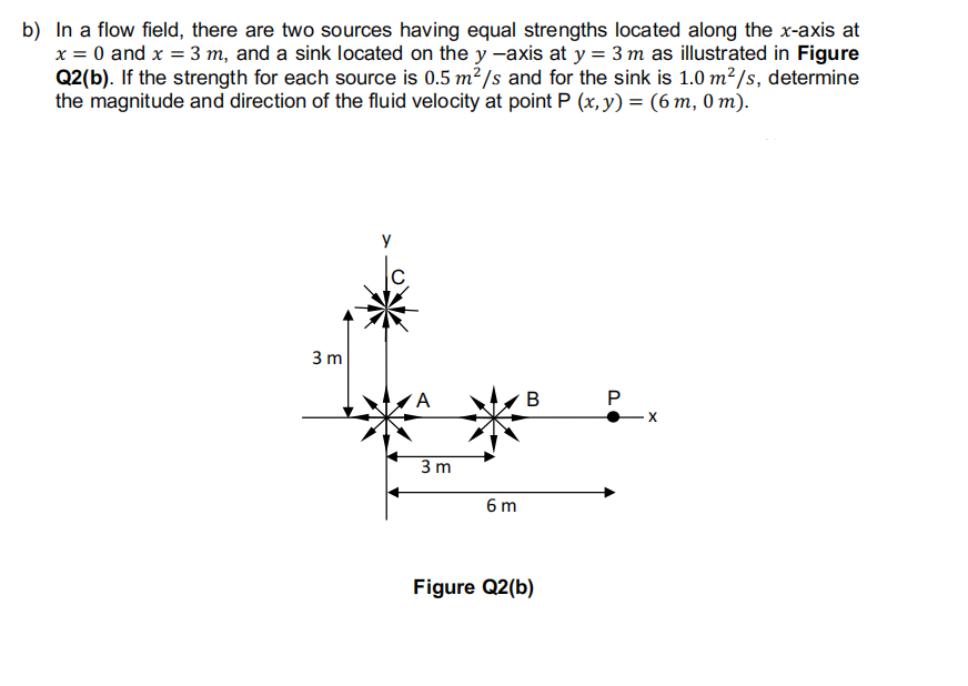 b) In a flow field, there are two sources having equal strengths located along the x-axis at
x = 0 and x = 3 m, and a sink located on the y -axis at y = 3 m as illustrated in Figure
Q2(b). If the strength for each source is 0.5 m²/s and for the sink is 1.0 m²/s, determine
the magnitude and direction of the fluid velocity at point P (x, y) = (6 m, 0 m).
Y
B
P
3 m
A
3 m
6m
Figure Q2(b)
X