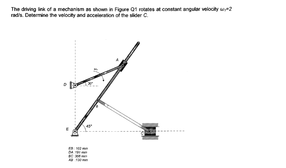 The driving link of a mechanism as shown in Figure Q1 rotates at constant angular velocity W;=2
rad/s. Determine the velocity and acceleration of the slider C.
D
30
45°
E
EB : 102 mm
DA :191 mm
BC :356 mm
АB :130 mm
