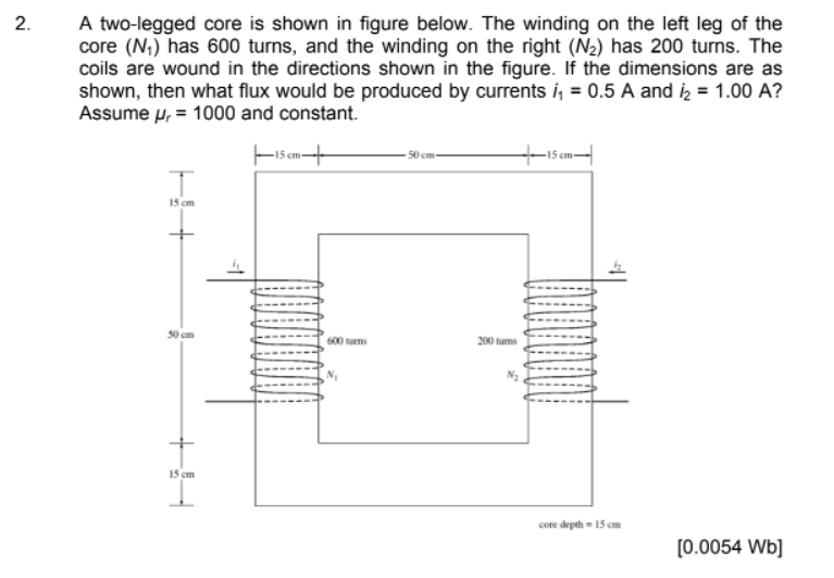 2.
A two-legged core is shown in figure below. The winding on the left leg of the
core (N,) has 600 turns, and the winding on the right (N2) has 200 turns. The
coils are wound in the directions shown in the figure. If the dimensions are as
shown, then what flux would be produced by currents i, = 0.5 A and iz = 1.00 A?
Assume p, = 1000 and constant.
-15 cm+
+i5 cm
15 cm
600 turns
200 turms
15 cm
core depth- 15 cm
[0.0054 Wb]
