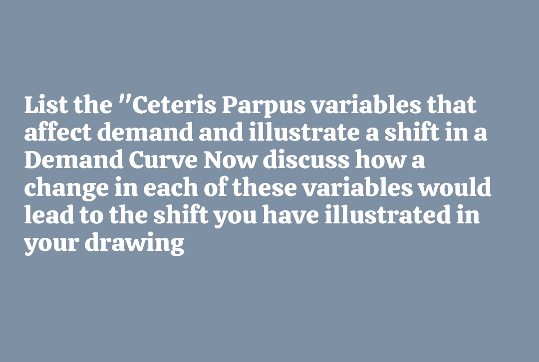 List the "Ceteris Parpus variables that
affect demand and illustrate a shift in a
Demand Curve Now discuss how a
change in each of these variables would
lead to the shift you have illustrated in
your drawing