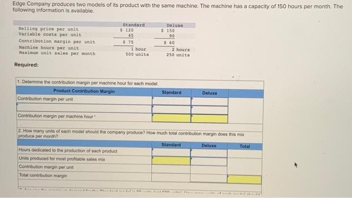 Edge Company produces two models of its product with the same machine. The machine has a capacity of 150 hours per month. The
following information is available.
Selling price per unit
Variable costs per unit
Contribution margin per unit
Machine hours per unit
Maximum unit sales per month
Required:
Contribution margin per unit
Contribution margin per machine hour
1. Determine the contribution margin per machine hour for each model.
Product Contribution Margin
Standard
Hours dedicated to the production of each product
Units produced for most profitable sales mix
Contribution margin per unit
Total contribution margin
$ 120
45
$ 75
det and
1 hour.
500 units
Deluxe
$ 150
90
$ 60
2 hours)
250 units
Standard
2. How many units of each model should the company produce? How much total contribution margin does this mix
produce per month?
Deluxe
Total
Standard
Deluxe
PARullet H
och det chordl