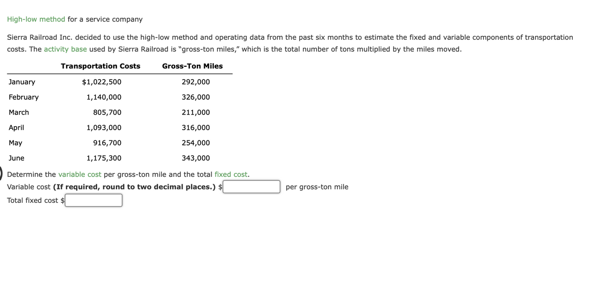 High-low method for a service company
Sierra Railroad Inc. decided to use the high-low method and operating data from the past six months to estimate the fixed and variable components of transportation
costs. The activity base used by Sierra Railroad is "gross-ton miles," which is the total number of tons multiplied by the miles moved.
Transportation Costs
January
February
March
April
May
June
$1,022,500
1,140,000
805,700
1,093,000
916,700
1,175,300
Gross-Ton Miles
292,000
326,000
211,000
316,000
254,000
343,000
Determine the variable cost per gross-ton mile and the total fixed cost.
Variable cost (If required, round to two decimal places.) $
Total fixed cost $
per gross-ton mile
