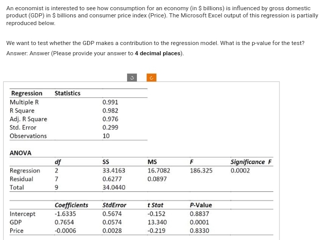 An economist is interested to see how consumption for an economy (in $ billions) is influenced by gross domestic
product (GDP) in $ billions and consumer price index (Price). The Microsoft Excel output of this regression is partially
reproduced below.
We want to test whether the GDP makes a contribution to the regression model. What is the p-value for the test?
Answer: Answer (Please provide your answer to 4 decimal places).
Regression
Multiple R
R Square
Adj. R Square
Std. Error
Observations
ANOVA
Regression
Residual
Total
Intercept
GDP
Price
Statistics
df
2
7
9
Coefficients
-1.6335
0.7654
-0.0006
0.991
0.982
0.976
0.299
10
SS
33.4163
0.6277
34.0440
StdError
0.5674
0.0574
0.0028
MS
16.7082
0.0897
t Stat
-0.152
13.340
-0.219
F
186.325
P-Value
0.8837
0.0001
0.8330
Significance F
0.0002