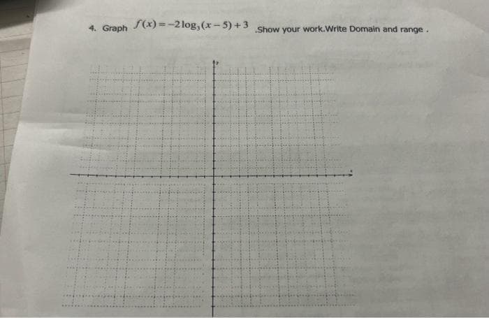 Graph
f(x)=-2log, (x-5)+3
Show your work.Write Domain and range.