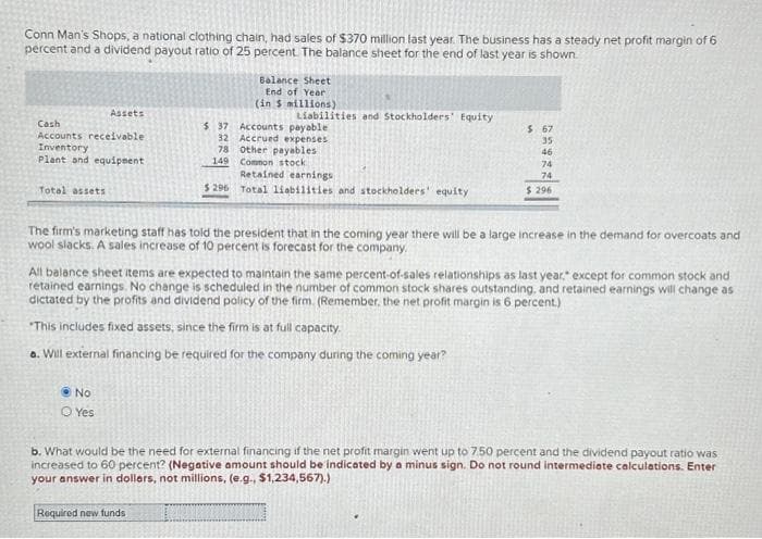 Conn Man's Shops, a national clothing chain, had sales of $370 million last year. The business has a steady net profit margin of 6
percent and a dividend payout ratio of 25 percent. The balance sheet for the end of last year is shown.
Assets
Cash
Accounts receivable
Inventory
Plant and equipment
Total assets
$ 37
32
78
149
No
O Yes
Balance Sheet
End of Year
(in 5 millions)
Liabilities and Stockholders' Equity
Required new funds
Accounts payable
Accrued expenses
Other payables
Common stock
Retained earnings
$ 296 Total liabilities and stockholders' equity
The firm's marketing staff has told the president that in the coming year there will be a large increase in the demand for overcoats and
wool slacks. A sales increase of 10 percent is forecast for the company.
$ 67
35
46
74
74
$ 296
All balance sheet items are expected to maintain the same percent-of-sales relationships as last year." except for common stock and
retained earnings. No change is scheduled in the number of common stock shares outstanding, and retained earnings will change as
dictated by the profits and dividend policy of the firm. (Remember, the net profit margin is 6 percent)
"This includes fixed assets, since the firm is at full capacity.
a. Will external financing be required for the company during the coming year?
b. What would be the need for external financing if the net profit margin went up to 7.50 percent and the dividend payout ratio was
increased to 60 percent? (Negative amount should be indicated by a minus sign. Do not round intermediate calculations. Enter
your answer in dollars, not millions, (e.g., $1,234,567).)