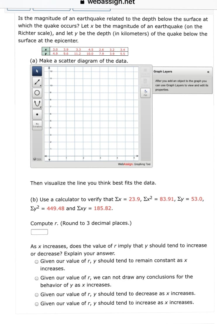 (a) Make a scatter diagram of the data.
Graph Layers
After you add an object to the graph you
can use Graph Layers to view and edit its
properties.
Fill
No
Solution
Hele
WebAssign. Graphing Tool
Then visualize the line you think best fits the data.
(b) Use a calculator to verify that Ex 23.9, Ex2 = 83.91, Ey = 53.o,
Ey2 = 449.48 and Exy 185.82.
Compute r. (Round to 3 decimal places.)
As x increases, does the value of r imply that y should tend to increase
or decrease? Explain your answer.
O Given our value of r, y should tend to remain constant as x
increases.
Given our value of r, we can not draw any conclusions for the
behavior of y as x increases.
Given our value of r, y should tend to decrease as x increases.
Given our value of r, y should tend to increase as x increases.
