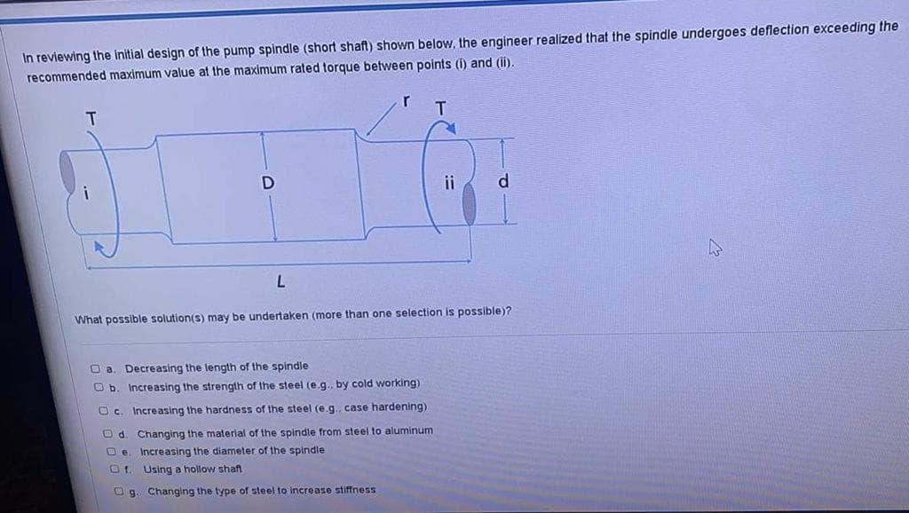 In reviewing the initial design of the pump spindle (short shaft) shown below, the engineer realized that the spindle undergoes deflection exceeding the
recommended maximum value at the maximum rated torque between points (i) and (i).
r
ii
d.
What possible solution(s) may be undertaken (more than one selection is possible)?
O a. Decreasing the length of the spindle
O b. Increasing the strength of the steel (e.g., by cold working)
O c. Increasing the
dness of the steel (e.g. case hardening)
O d. Changing the material of the spindle from steel to aluminum
Increasing the diameter of the spindle
Using a hollow shaft
O g. Changing the type of steel to increase stiffness
