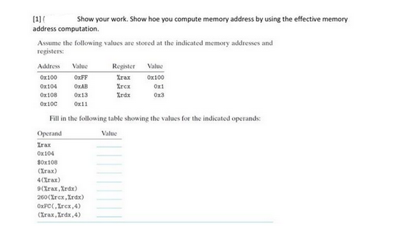 [1] ( Show your work. Show hoe you compute memory address by using the effective memory
address computation.
Assume the following values are stored at the indicated memory addresses and
registers:
Address Value
0x100
OxFF
0x104
OxAB
0x108
0x13
0x10c
0x11
$0x108
(Zrax)
Fill in the following table showing the values for the indicated operands:
Operand
Value
Zrax
0x104
4(%rax)
9(%rax, Xrdx)
Register
Zrax
Zrcx
%rdx
260(Xrcx,Xrdx)
OxFC(Zrcx, 4)
(Zrax, Xrdx, 4)
Value
0x100
0x1
0x3