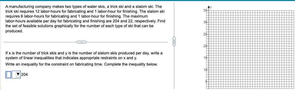 A manufacturing company makes two types of water skis, a trick ski and a slalom ski. The
trick ski requires 12 labor-hours for fabricating and 1 labor-hour for finishing. The slalom ski
requires 6 labor-hours for fabricating and 1 labor-hour for finishing. The maximum
labor-hours available per day for fabricating and finishing are 204 and 22, respectively. Find
the set of feasible solutions graphically for the number of each type of ski that can be
produced.
←
If x is the number of trick skis and y is the number of slalom skis produced per day, write a
system of linear inequalities that indicates appropriate restraints on x and y.
Write an inequality for the constraint on fabricating time. Complete the inequality below.
▼204
35
30
25
20
15
10
Av