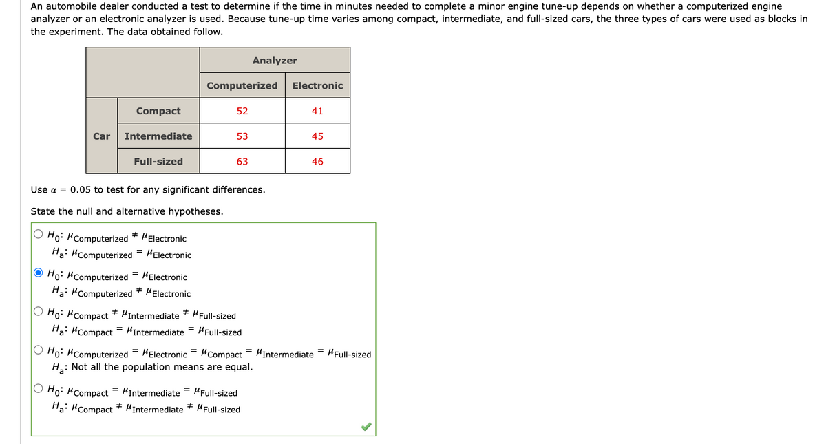 An automobile dealer conducted a test to determine if the time in minutes needed to complete a minor engine tune-up depends on whether a computerized engine
analyzer or an electronic analyzer is used. Because tune-up time varies among compact, intermediate, and full-sized cars, the three types of cars were used as blocks in
the experiment. The data obtained follow.
Car
Compact
Intermediate
Full-sized
#
Ho: MComputerized * μElectronic
Ha: Computerized
MElectronic
Ho: "Computerized MElectronic
#
Ha: μComputerized ‡ µElectronic
Computerized
52
Use a = 0.05 to test for any significant differences.
State the null and alternative hypotheses.
=
53
=
63
# μFull-sized
Ho: MCompact MIntermediate
#
Ha: Compact = MIntermediate μFull-sized
Analyzer
Electronic
41
45
Ho: MComputerized = μElectronic Compact MIntermediate
Not all the population means are equal.
Ha:
Ho: MCompact = MIntermediate Full-sized
Ha: MCompact #
#
MIntermediate Full-sized
46
Full-sized