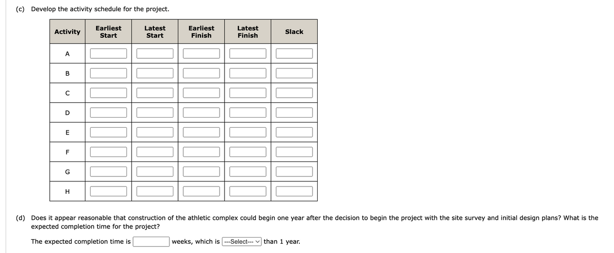 (c) Develop the activity schedule for the project.
Activity
A
C
E
F
H
T
Earliest
Start
100000
Latest
Start
Earliest
Finish
Latest
Finish
Slack
1777
(d) Does it appear reasonable that construction of the athletic complex could begin one year after the decision to begin the project with the site survey and initial design plans? What is the
expected completion time for the project?
The expected completion time is
weeks, which is ---Select--- ✓ than 1 year.