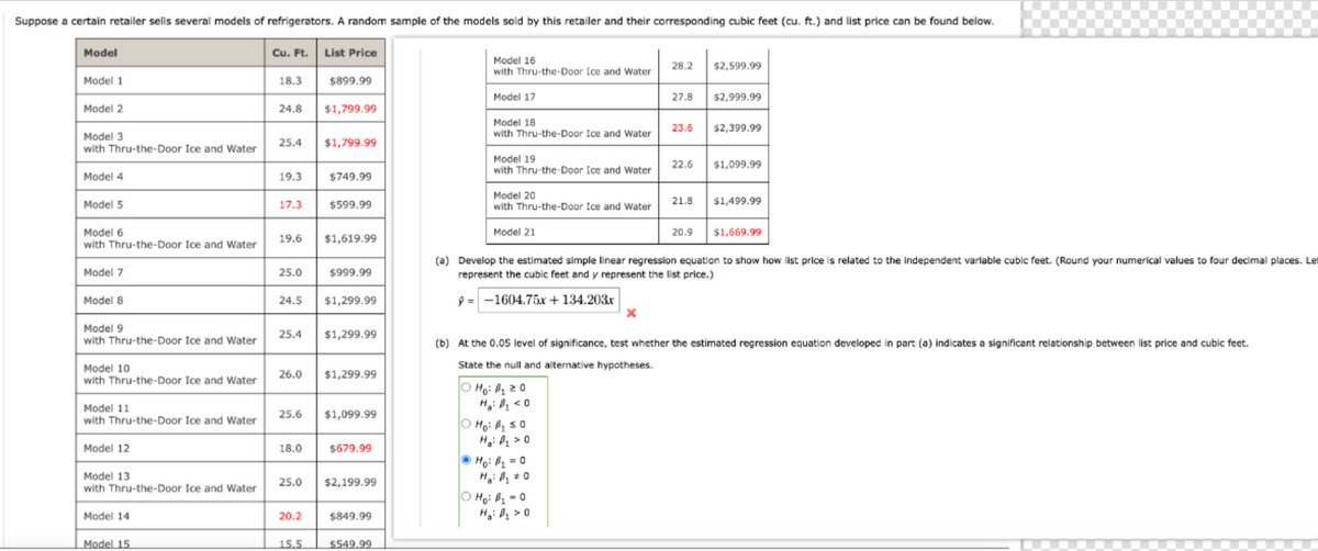 Suppose a certain retailer sells several models of refrigerators. A random sample of the models sold by this retailer and their corresponding cubic feet (cu. ft.) and list price can be found below.
Model
Model 1
Model 2
Model 3
with Thru-the-Door Ice and Water
Model 4
Model 5
Model 6
with Thru-the-Door Ice and Water
Model 7
Model 8
Model 9
with Thru-the-Door Ice and Water
Model 10
with Thru-the-Door Ice and Water
Model 11
with Thru-the-Door Ice and Water
Model 12
Model 13
with Thru-the-Door Ice and Water
Model 14
Model 15
Cu.Ft. List Price
18.3
24.8
25.4
19.3
17.3
19.6
25.0
24.5
18.0
$899.99
25.0
$1,799.99
20.2
$1,799.99
15.5
$749.99
$599.99
25.4 $1,299.99
$1,619.99
26.0 $1,299.99
$999.99
25.6 $1,099.99
$1,299.99
$679.99
$2,199.99
$849.99
$549.99
Model 16
with Thru-the-Door Ice and Water
Model 17
Model 18
with Thru-the-Door Ice and Water
Model 19
with Thru-the-Door Ice and Water
Model 20
with Thru-the-Door Ice and Water
Model 21
ⒸHO: B₁ ≤0
H₂: A₂ > 0
28.2
ⒸH₁: B₁₂ = 0
Ha! B₁ #0
27.8
Ho: B₂0
H₂: B₂ > 0
23.6
22.6
21.8
20.9
$2,599.99
$2,999.99
$2,399.99
$1,099.99
(a) Develop the estimated simple linear regression equation to show how list price is related to the independent variable cubic feet. (Round your numerical values to four decimal places. Let
represent the cubic feet and y represent the list price.)
9-1604.75x+134.203x
$1,499.99
(b) At the 0.05 level of significance, test whether the estimated regression equation developed in part (a) indicates a significant relationship between list price and cubic feet.
State the null and alternative hypotheses.
Ho: B₂ 20
H₂: B₁ <0
$1,669.99
