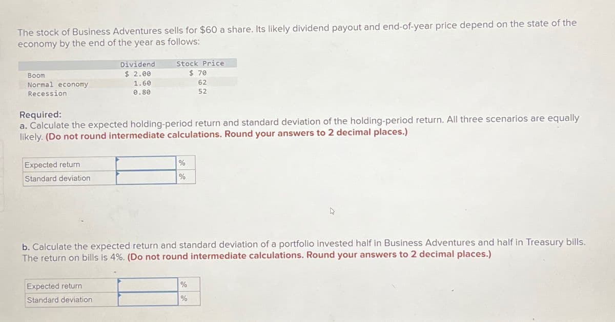 The stock of Business Adventures sells for $60 a share. Its likely dividend payout and end-of-year price depend on the state of the
economy by the end of the year as follows:
Boom
Normal economy
Recession
Expected return
Standard deviation
Dividend
$ 2.00
1.60
0.80
Required:
a. Calculate the expected holding-period return and standard deviation of the holding-period return. All three scenarios are equally
likely. (Do not round intermediate calculations. Round your answers to 2 decimal places.)
Stock Price
$ 70
62
52
Expected return
Standard deviation
%
%
b. Calculate the expected return and standard deviation of a portfolio invested half in Business Adventures and half in Treasury bills.
The return on bills is 4%. (Do not round intermediate calculations. Round your answers to 2 decimal places.)
%
%