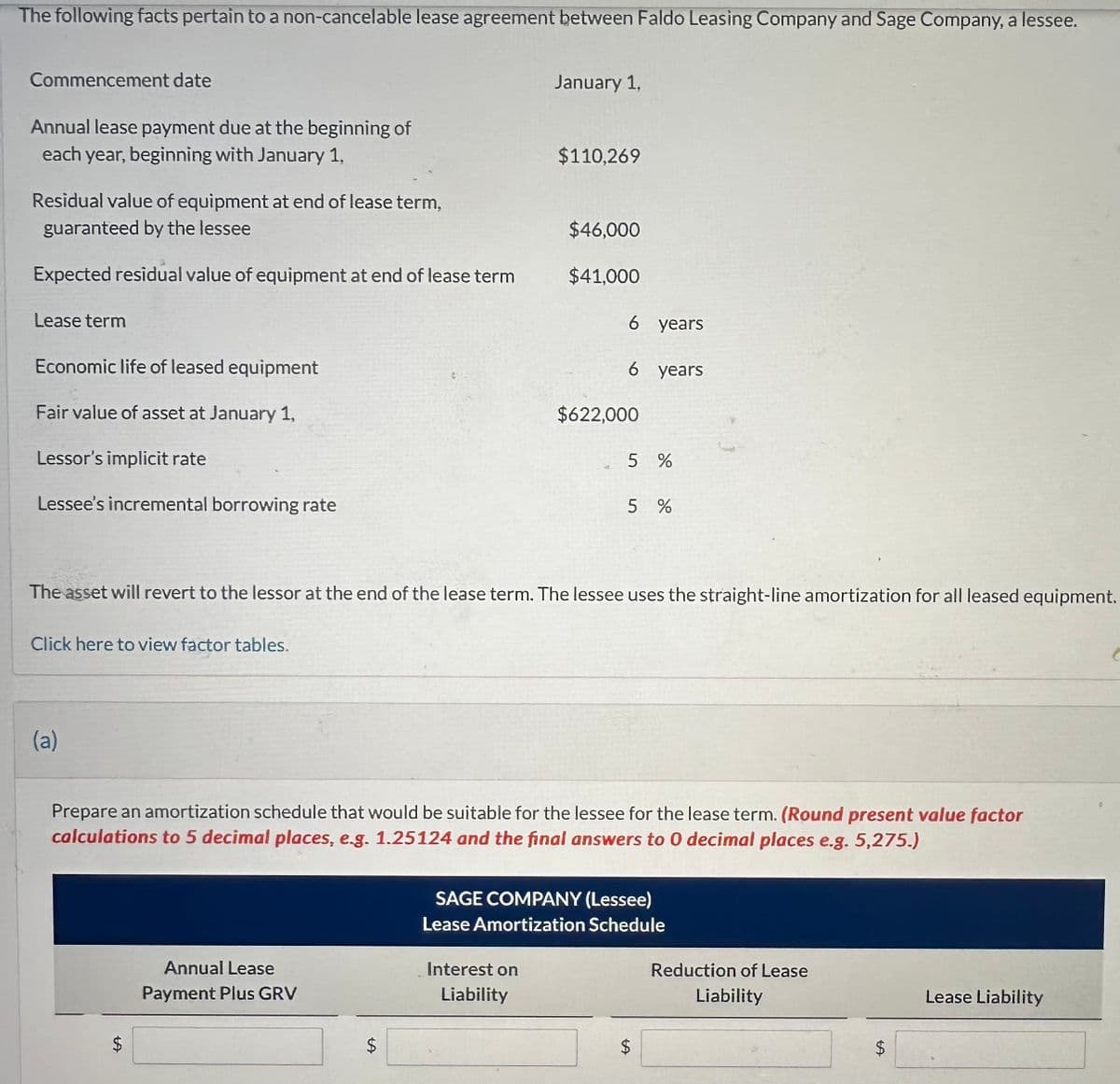 The following facts pertain to a non-cancelable lease agreement between Faldo Leasing Company and Sage Company, a lessee.
Commencement date
Annual lease payment due at the beginning of
each year, beginning with January 1,
Residual value of equipment at end of lease term,
guaranteed by the lessee
Expected residual value of equipment at end of lease term
Lease term
Economic life of leased equipment
Fair value of asset at January 1,
Lessor's implicit rate
Lessee's incremental borrowing rate
Click here to view factor tables.
(a)
LA
$
Annual Lease
Payment Plus GRV
January 1,
$
$110,269
$46,000
$41,000
The asset will revert to the lessor at the end of the lease term. The lessee uses the straight-line amortization for all leased equipment.
Interest on
Liability
6 years
6
$622,000
Prepare an amortization schedule that would be suitable for the lessee for the lease term. (Round present value factor
calculations to 5 decimal places, e.g. 1.25124 and the final answers to 0 decimal places e.g. 5,275.)
years
5 %
5 %
SAGE COMPANY (Lessee)
Lease Amortization Schedule
$
Reduction of Lease
Liability
$
Lease Liability
0