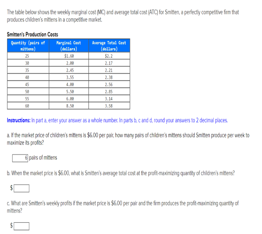 The table below shows the weekly marginal cost (MC) and average total cost (ATC) for Smitten, a perfectly competitive firm that
produces children's mittens in a competitive market.
Smitten's Production Costs
Marginal Cost
(dollars)
$1.60
Quantity (pairs of
Average Total Cost
|(dollars)
$2.2
mittens)
25
30
2.00
2.17
35
2.45
2.21
40
3.55
2.38
45
4.00
2.56
50
5.50
2.85
55
6.00
3.14
60
8.50
3.58
Instructions: In part a, enter your answer as a whole number. In parts b, c and d, round your answers to 2 decimal places.
a. If the market price of children's mittens is $6.00 per pair, how many pairs of children's mittens should Smitten produce per week to
maximize its profits?
6 pairs of mittens
b. When the market price is $6.00, what is Smitten's average total cost at the profit-maximizing quantity of children's mittens?
c. What are Smitten's weekly profits if the market price is $6.00 per pair and the firm produces the profit-maximizing quantity of
mittens?
%24
%24
