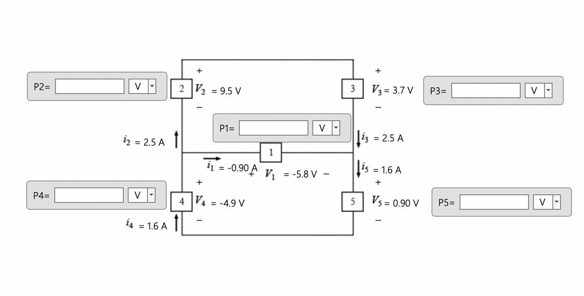 P2=
P4=
܂ ܕi
= 2.5 A
V
14
= 1.6 A
+
2 V₂ = 9.5 V
+
11
4 V₁
-
=
P1=
=
V
1
-0.90 A₁ = -5.8 V
-4.9 V
3
+
V3 = 3.7 V
13 = 2.5 A
15 = 1.6 A
+
V5 = 0.90 V
P3=
P5=
V