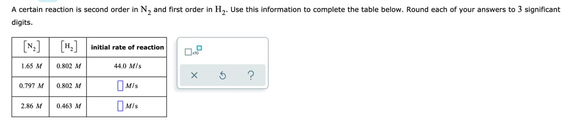 A certain reaction is second order in N, and first order in H,. Use this information to complete the table below. Round each of your answers to 3 significant
digits.
[N.]
[4.]
initial rate of reaction
1.65 M
0.802 M
44.0 M/s
O Mls
0.797 M
0.802 M
O MIs
2.86 M
0.463 M
