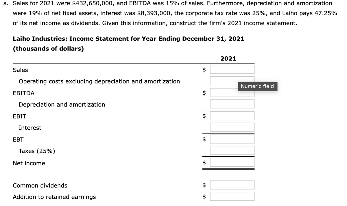 a. Sales for 2021 were $432,650,000, and EBITDA was 15% of sales. Furthermore, depreciation and amortization
were 19% of net fixed assets, interest was $8,393,000, the corporate tax rate was 25%, and Laiho pays 47.25%
of its net income as dividends. Given this information, construct the firm's 2021 income statement.
Laiho Industries: Income Statement for Year Ending December 31, 2021
(thousands of dollars)
Sales
Operating costs excluding depreciation and amortization
EBITDA
Depreciation and amortization
EBIT
Interest
EBT
Taxes (25%)
Net income
Common dividends
Addition to retained earnings
+A
$
$
$
+A
$
$
+A
2021
Numeric field