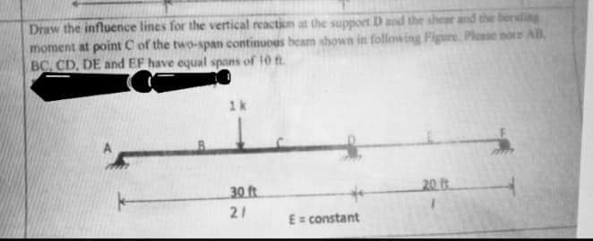 Draw the influence lines for the vertical reaction at the support D and the shear and the berding
moment at point C of the two-span continuous beam shown in followwing Figure. Please nore AB
BC. CD, DE and EF have equal spans of 10 ft.
1k
30 ft
20 t
21
E= constant
