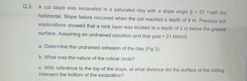 Q.3. A cut slope was excavated in a saturated clay with a slope angle B = 57 °with the
horizontal. Slope failure occurred when the cut reached a depth of 8 m. Previous soil
explorations showed that a rock layer was located at a depth of 2 m below the ground
surface. Assuming an undrained condition and that ysat = 21 kN/m3:
a. Determine the undrained cohesion of the clay (Fig 3).
b. What was the nature of the critical circle?
c. With reference to the top of the slope, at what distance did the surface of the sliding
intersect the bottom of the excavation?
