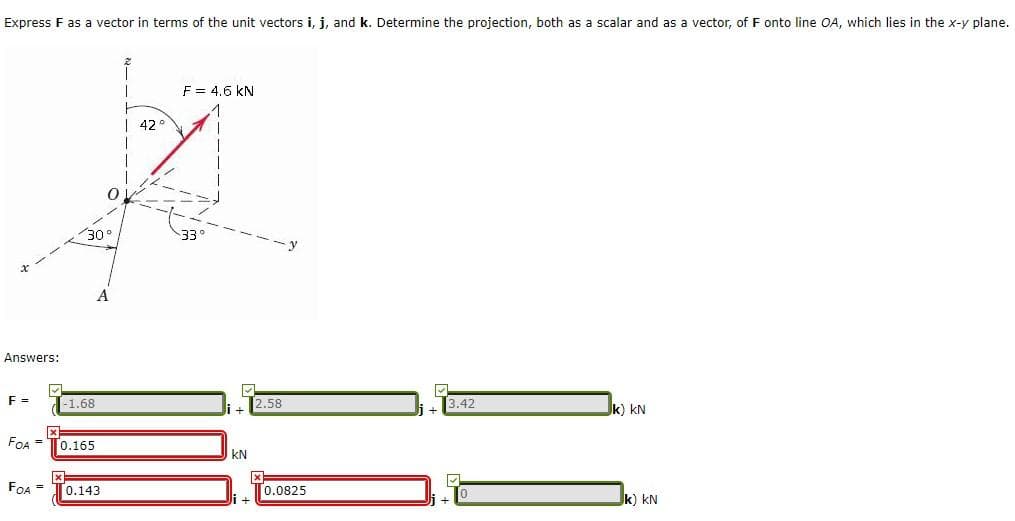 Express F as a vector in terms of the unit vectors i, j, and k. Determine the projection, both as a scalar and as a vector, of F onto line OA, which lies in the x-y plane.
F = 4.6 kN
| 42
30°
A
Answers:
F =
-1.68
2.58
3.42
k) kN
FOA =
0.165
kN
FO4 =
0.143
0.0825
k) kN
