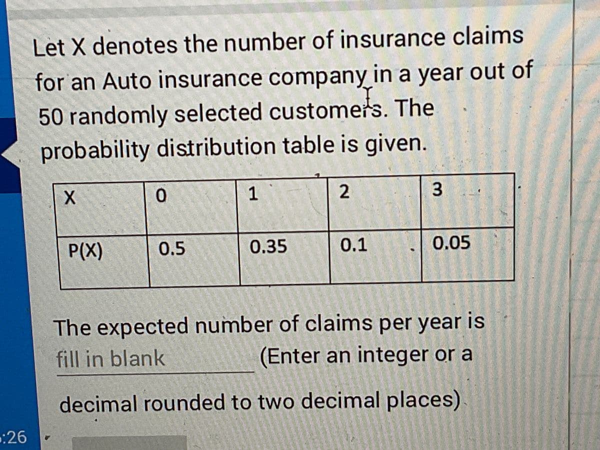 :26
Let X denotes the number of insurance claims
for an Auto insurance company in a year out of
50 randomly selected customers. The
probability distribution table is given.
X
P(X)
0
0.5
1
0.35
2
0.1
3
0.05
The expected number of claims per year is
fill in blank
(Enter an integer or a
decimal rounded to two decimal places)