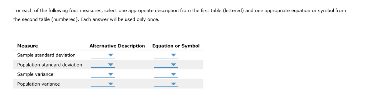 For each of the following four measures, select one appropriate description from the first table (lettered) and one appropriate equation or symbol from
the second table (numbered). Each answer will be used only once.
Measure
Sample standard deviation
Population standard deviation
Sample variance
Population variance
Alternative Description
Equation or Symbol