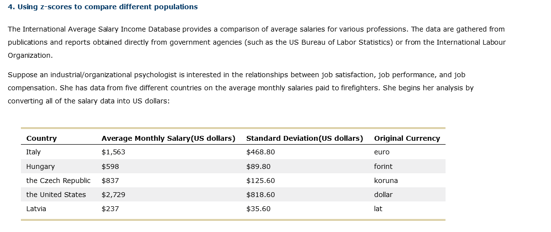 4. Using z-scores to compare different populations
The International Average Salary Income Database provides a comparison of average salaries for various professions. The data are gathered from
publications and reports obtained directly from government agencies (such as the US Bureau of Labor Statistics) or from the International Labour
Organization.
Suppose an industrial/organizational psychologist is interested in the relationships between job satisfaction, job performance, and job
compensation. She has data from five different countries on the average monthly salaries paid to firefighters. She begins her analysis by
converting all of the salary data into US dollars:
Country
Italy
Hungary
the Czech Republic
the United States
Latvia
Average Monthly Salary(US dollars)
$1,563
$598
$837
$2,729
$237
Standard Deviation (US dollars)
$468.80
$89.80
$125.60
$818.60
$35.60
Original Currency
euro
forint
koruna
dollar
lat