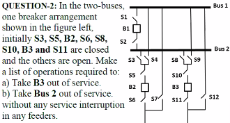 QUESTION-2: In the two-buses,
one breaker arrangement
shown in the figure left,
initially S3, S5, B2, S6, S8, 52
s10, B3 and S11 are closed
and the others are open. Make s3 s4
a list of operations required to: 55
a) Take B3 out of service.
b) Take Bus 2 out of service.
without any service interruption
in any feeders.
Bus 1
s1
B1
Bus 2
S8
59
s10
B2 O
B3
S6
S7
s1.
s12
