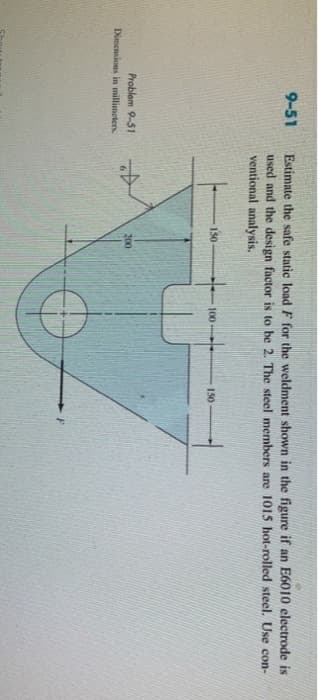 9-51
Problem 9-51
Dimensions in millimeters
Estimate the safe static load F for the weldment shown in the figure if an E6010 electrode is
used and the design factor is to be 2. The steel members are 1015 hot-rolled steel. Use con-
ventional analysis.
I
42
150
200
150