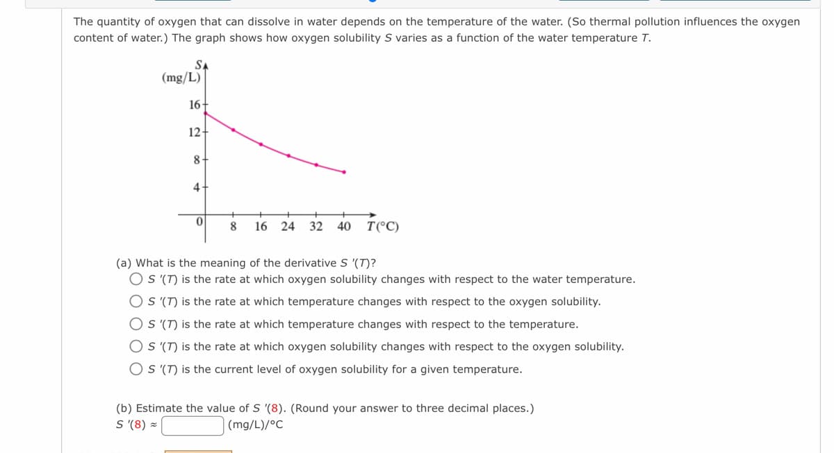 The quantity of oxygen that can dissolve in water depends on the temperature of the water. (So thermal pollution influences the oxygen
content of water.) The graph shows how oxygen solubility S varies as a function of the water temperature T.
SA
(mg/L)
16+
12-
8
4
0
8 16 24 32 40 T(°C)
(a) What is the meaning of the derivative S '(T)?
OS (T) is the rate at which oxygen solubility changes with respect to the water temperature.
OS '(T) is the rate at which temperature changes with respect to the oxygen solubility.
OS '(T) is the rate at which temperature changes with respect to the temperature.
OS '(T) is the rate at which oxygen solubility changes with respect to the oxygen solubility.
OS (T) is the current level of oxygen solubility for a given temperature.
(b) Estimate the value of S '(8). (Round your answer to three decimal places.)
S '(8) =
(mg/L)/°C