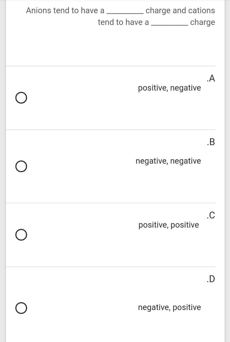 charge and cations
charge
Anions tend to have a
tend to have a
.A
positive, negative
.B
negative, negative
.C
positive, positive
.D
negative, positive
