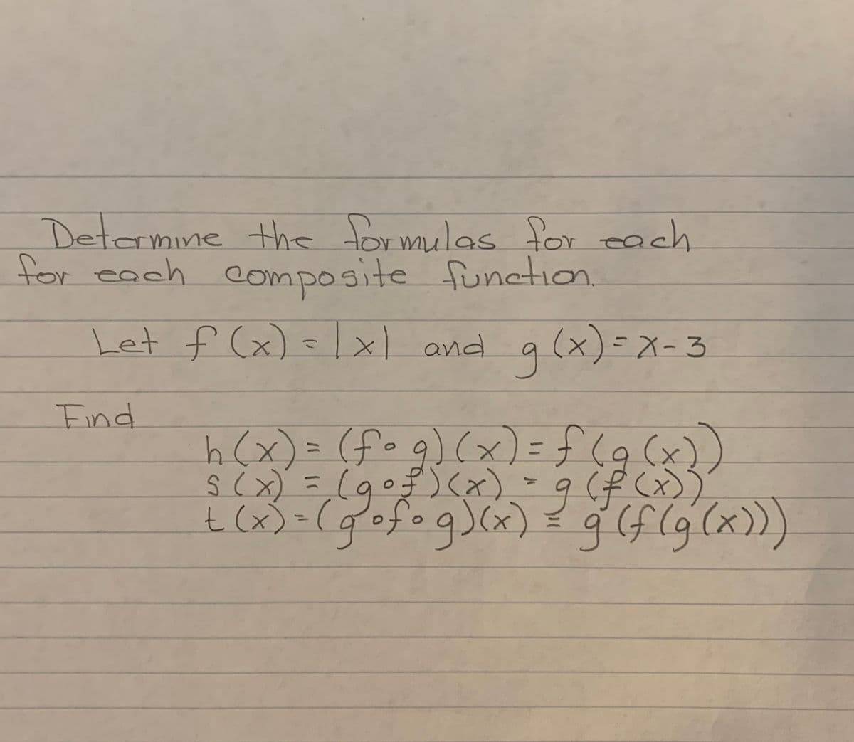 Determine the formulas for each
for each composite function.
Let f (x)=|x and a (x)=X- 3
Find
h (x)= (fog) (x) = f (Q (x))
(goğ)(x)
t (x) =(gofog)(x)
sc) =(g0ぎ)<x)、g(伊く)
s (x)
t = ģ(f(g(x)
t(x):
g'if(g(x)
