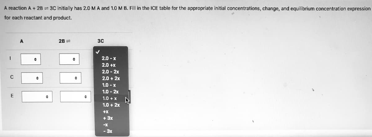 **Title: ICE Table for Reaction A + 2B ⇌ 3C**

**Description:**
This educational guide provides a detailed walkthrough of filling an ICE (Initial, Change, Equilibrium) table for the reaction \( \text{A} + 2\text{B} \rightleftharpoons 3\text{C} \), given the initial concentrations of the reactants and products.

**Initial Conditions:**
- Initial concentration of A (\(\text{A}_\text{initial}\)) = 2.0 M
- Initial concentration of B (\(\text{B}_\text{initial}\)) = 1.0 M

**ICE Table:**

|          | A          | 2B                | 3C                 |
|----------|------------|-------------------|--------------------|
| **I**    | 2.0 M      | 1.0 M             | 0 M                |
| **C**    | -x         | -2x               | +3x                |
| **E**    | 2.0 - x    | 1.0 - 2x          | +3x                |

**Explanation:**
1. **Initial Concentrations (I):**
   - For A, the initial concentration is 2.0 M.
   - For B, the initial concentration is 1.0 M.
   - For C, the initial concentration starts at 0 M since it is a product not initially present.

2. **Change (C):**
   - For every x M decrease in A, there is a 2x M decrease in B due to the stoichiometric coefficient of 2.
   - For every x M decrease in A, there is a 3x M increase in C due to the stoichiometric coefficient of 3.

3. **Equilibrium (E):**
   - The equilibrium concentration of A will be reduced by x M, thus 2.0 - x M.
   - The equilibrium concentration of B will be reduced by 2x M, thus 1.0 - 2x M.
   - The concentration of C will increase by 3x M.

The dropdown box in the image suggests that various values for equilibrium concentrations and changes are being selected or considered, reflecting options as:

- \( 2.0 - x \)
- \( 1.0 - 2x \)
