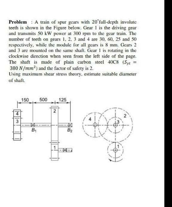 Problem : A train of spur gears with 20°full-depth involute
teeth is shown in the Figure below. Gear 1 is the driving gear
and transmits 50 kW power at 300 rpm to the gear train. The
number of teeth on gears 1, 2, 3 and 4 are 30, 60, 25 and 50
respectively, while the module for all gears is 8 mm. Gears 2
and 3 are mounted on the same shaft. Gear 1 is rotating in the
clockwise direction when seen from the left side of the page.
The shaft is made of plain carbon steel 40C8 (Syt =
380 N/mm2) and the factor of safety is 2.
Using maximum shear stress theory, estimate suitable diameter
of shaft.
150
500
125
3
B1
B2
