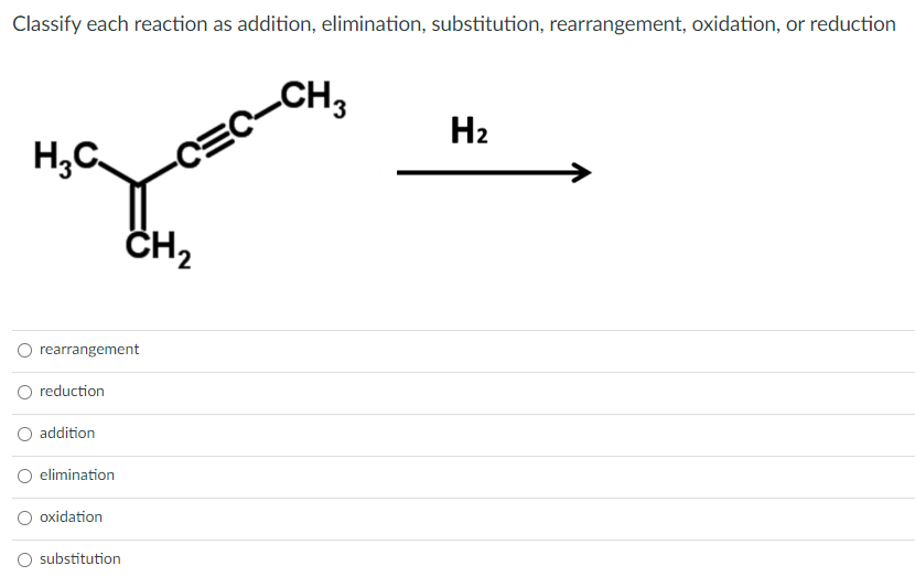 Classify each reaction as addition, elimination, substitution, rearrangement, oxidation, or reduction
H₂C.
rearrangement
O reduction
O addition
elimination
oxidation
substitution
CH₂
CH3
-C=C-
H₂