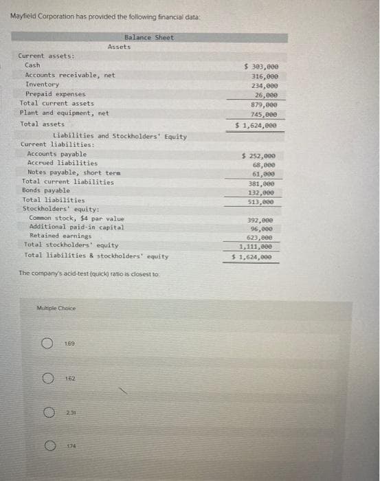 Mayfield Corporation has provided the following financial data:
Current assets:
Cash
Accounts receivable, net
Inventory
Prepaid expenses
Total current assets
Plant and equipment, net
Total assets
Current liabilities:
Liabilities and Stockholders' Equity
Accounts payable
Accrued liabilities
Notes payable, short term
Total current liabilities
Bonds payable
Total liabilities
Assets
Stockholders' equity:
Common stock, $4 par value
Additional paid-in capital
Retained earnings
Multiple Choice
Total stockholders' equity
Total liabilities & stockholders' equity
The company's acid-test (quick) ratio is closest to
1.69
Balance Sheet
162
2.31
174
$ 303,000
316,000
234,000
26,000
879,000
745,000
$1,624,000
$ 252,000
68,000
61,000
381,000
132,000
513,000
392,000
96,000
623,000
1,111,000
$1,624,000