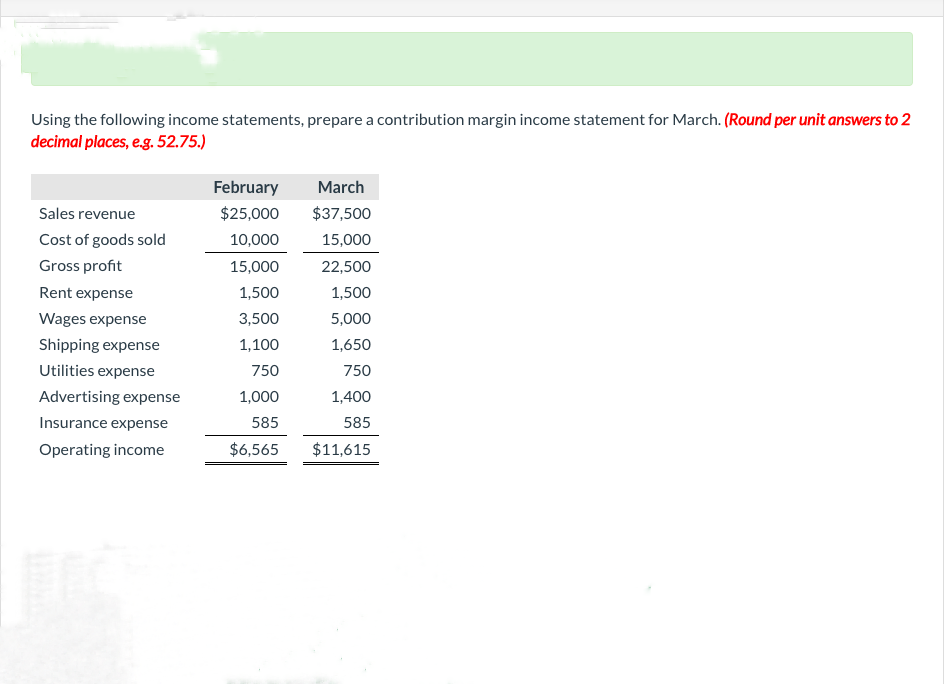 Using the following income statements, prepare a contribution margin income statement for March. (Round per unit answers to 2
decimal places, e.g. 52.75.)
Sales revenue
Cost of goods sold
Gross profit
Rent expense
Wages expense
Shipping expense
Utilities expense
Advertising expense
Insurance expense
Operating income
February
$25,000
10,000
15,000
1,500
3,500
1,100
750
1,000
585
$6,565
March
$37,500
15,000
22,500
1,500
5,000
1,650
750
1,400
585
$11,615