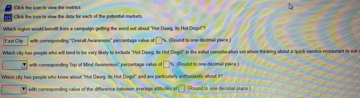 = Click the icon to view the metrics.
Click the icon to view the data for each of the potential markets.
Which region would benefit from a campaign getting the word out about "Hot Dawg, its Hot Dogs!"?
East City
with corresponding "Overall Awareness" percentage value of %. (Round to one decimal place.)
Which city has people who will tend to be very likely to include "Hot Dawg, its Hot Dogs!" in the initial consideration set when thinking about a quick service restaurant to eat a
with corresponding Top of Mind Awareness" percentage value of %. (Round to one decimal place.)
Which city has people who know about "Hot Dawg, its Hot Dogs!" and are particularly enthusiastic about it?
V with corresponding value of the difference between average attitudes of (Round to one decimal place.)
