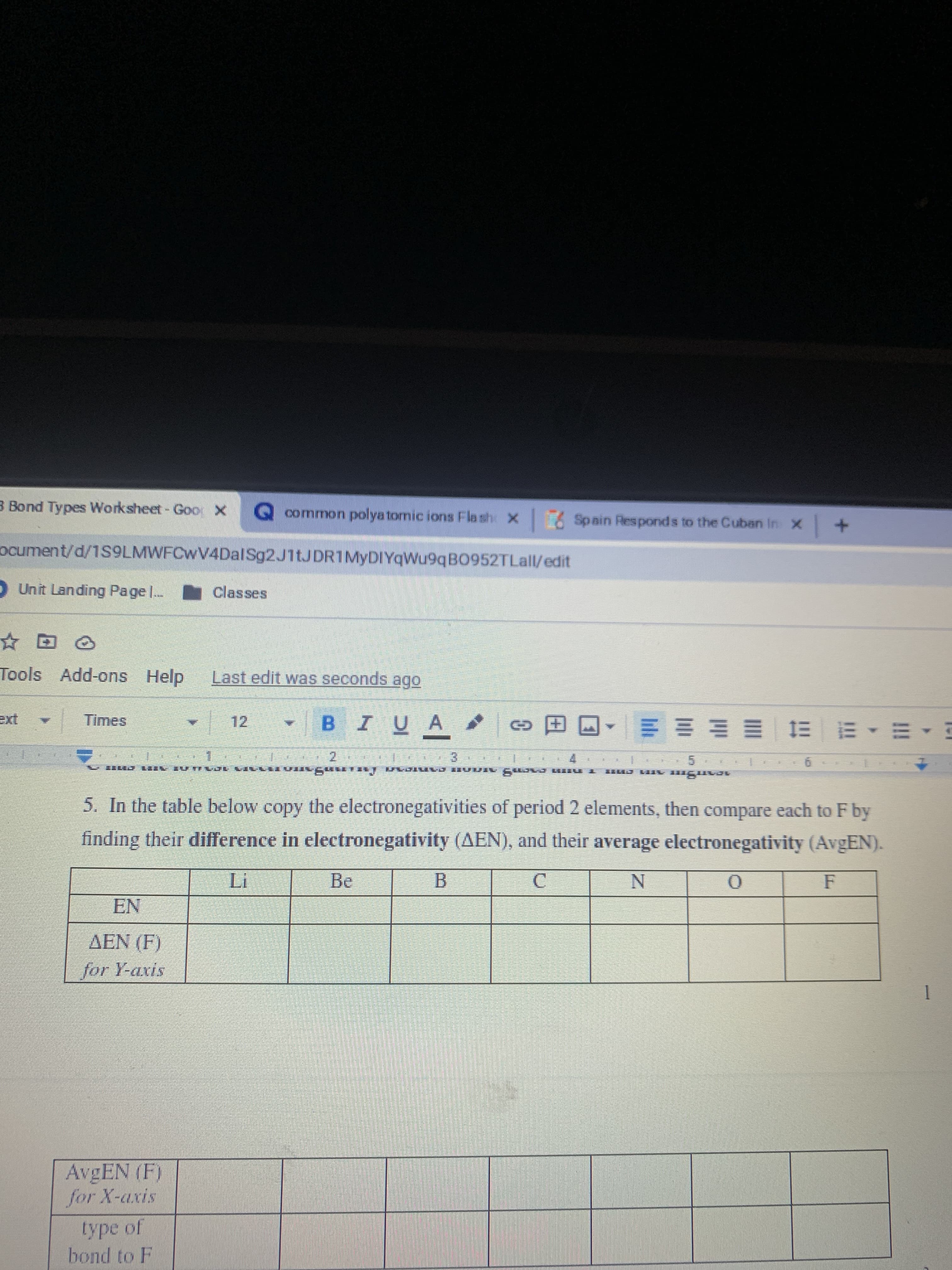 5. In the table below copy the electronegativities of period 2 elements, then compare each to F by
finding their difference in electronegativity (AEN), and their average electronegativity (AvgEN).
Li
Be
F
EN
AEN (F)
for Y-axis
